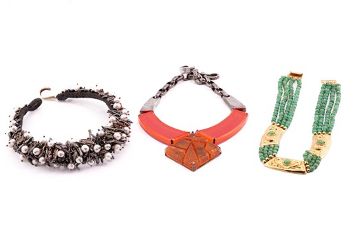 Lot 27 - Three collar necklaces; including a geometric...