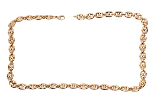 Lot 120 - A heavy anchor link chain in yellow metal,...