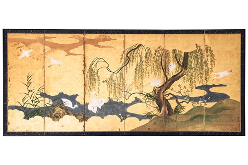 Lot 530 - A Japanese six panel screen, Byobu, Edo,...