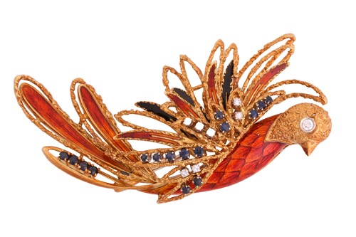 Lot 22 - A sapphire and diamond phoenix brooch set in...