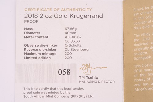 Lot 188 - A 2018 South Africa Mint 2 oz Proof Gold...