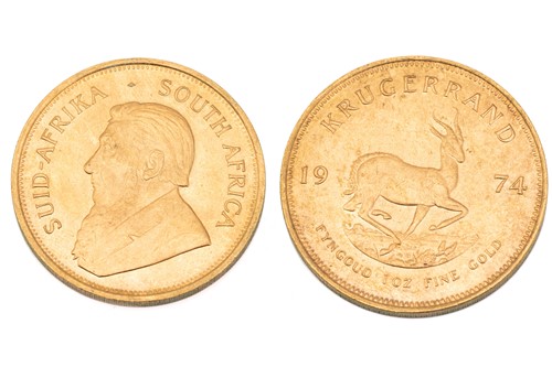 Lot 361 - A 1oz 22ct gold South Africa Krugerrand, 1974