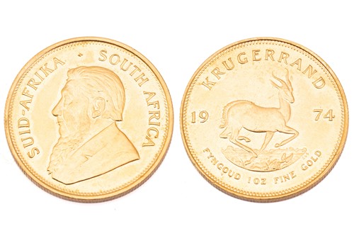 Lot 345 - A 1oz 22ct gold South Africa Krugerrand, 1974