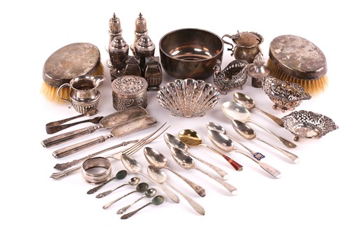 Lot 499 - A silver bowl, a pair of silver backed...