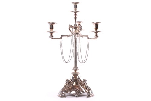 Lot 501 - A silver plated four light, three branch table...