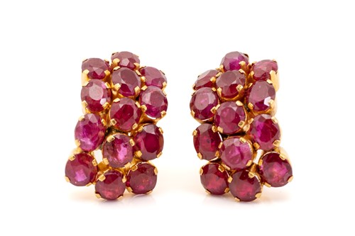 Lot 111 - A pair of ruby cluster earrings, each...