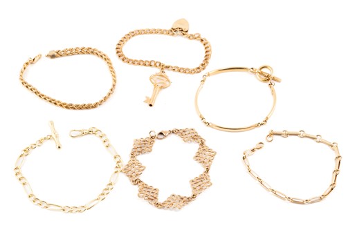 Lot 271 - A collection of six bracelets, comprising of a...