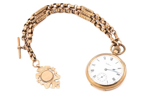 Lot 404 - A Waltham gold plated pocket watch, together...