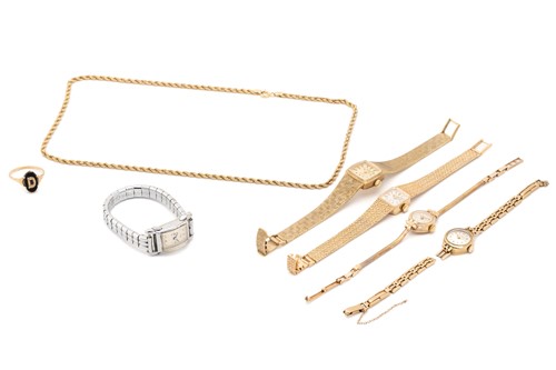 Lot 158 - Four lady's 9ct watches, a chrome watch, a...