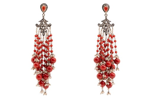 Lot 80 - A pair of red coral chandelier earrings, the...