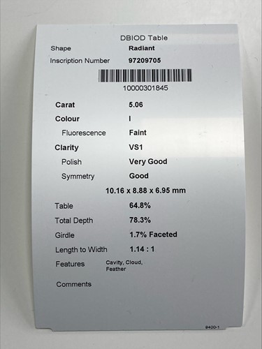 Lot 275 - A single stone radiant cut 5.06ct I-VS1...