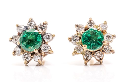 Lot 8 - A pair of yellow metal, emerald and diamond...