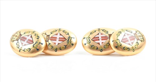 Lot 734 - A pair of Continental yellow metal and enamel...