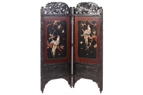 Lot 128 - A Japanese carved and lacquered wood two-fold...