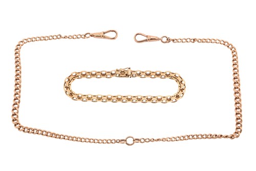 Lot 69 - Two 9ct gold chains; including a curb link...