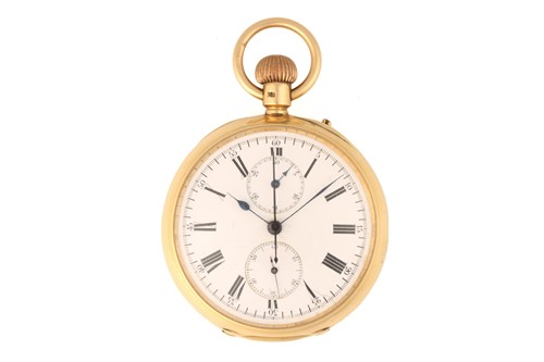 Lot 312 - An 18ct yellow gold open face chronograph...