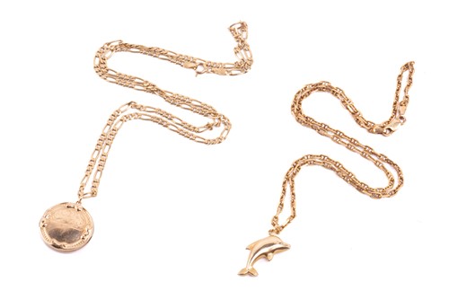 Lot 65 - A locket on chain and a dolphin pendant on...