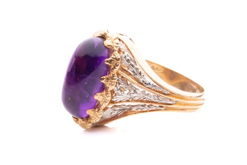 Lot 200 - An amethyst cabochon dress ring of foliate...