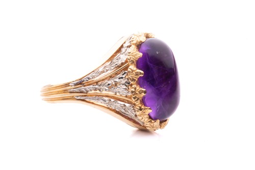 Lot 200 - An amethyst cabochon dress ring of foliate...