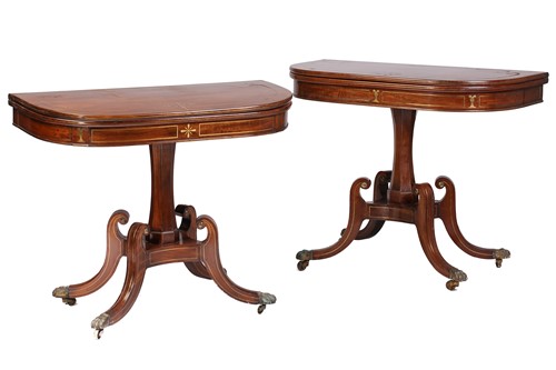 Lot 210 - A pair of Regency brass inlaid mahogany "D"...