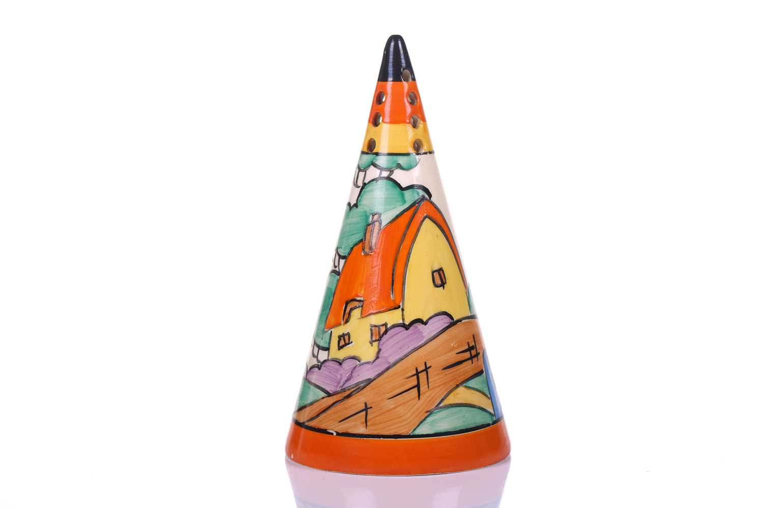 Lot 105 - A 1930s Clarice Cliff conical sugar sifter, in...