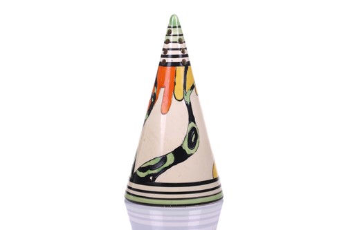 Lot 121 - A 1930s Clarice Cliff conical sugar sifter, in...