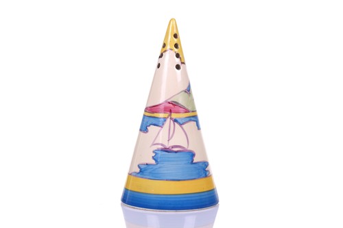 Lot 125 - A 1930s Clarice Cliff conical sugar sifter, in...