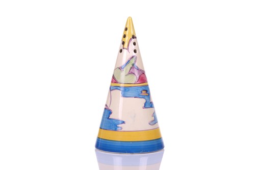 Lot 125 - A 1930s Clarice Cliff conical sugar sifter, in...