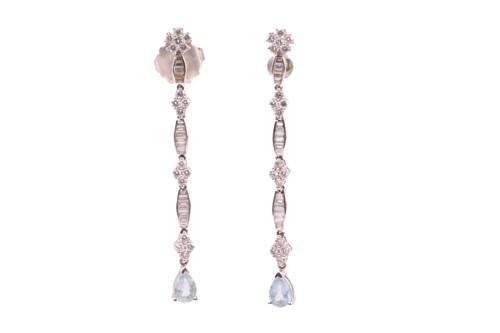 Lot 8 - A pair of diamond and aquamarine drop earrings...