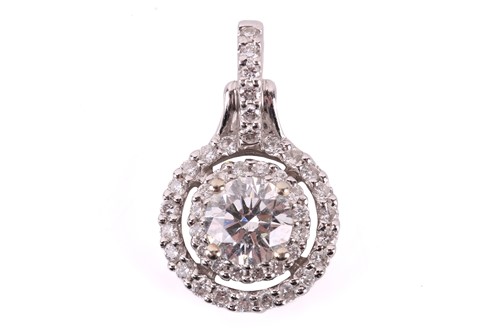 Lot 75 - A diamond cluster pendant, the central round...