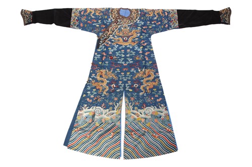 Lot 310 - A Chinese silk embroidered Dragon robe, Qing,...