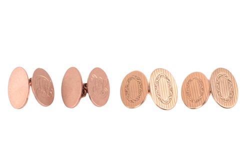 Lot 54 - Two pairs of 9ct gold oval chain cufflinks;...