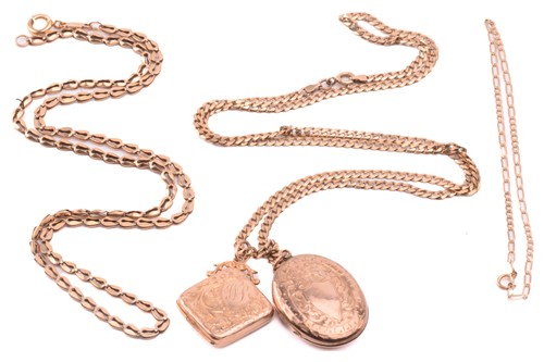 Lot 250 - Two 9ct gold lockets on chain and two others;...