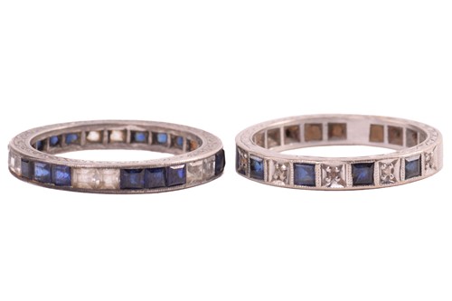 Lot 231 - A diamond and blue paste half hoop ring marked...