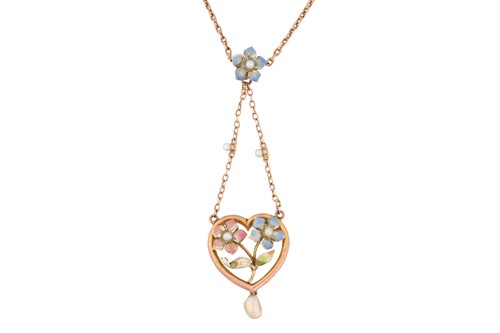 Lot 1 - An Edwardian enamel and pearl floral pendant...