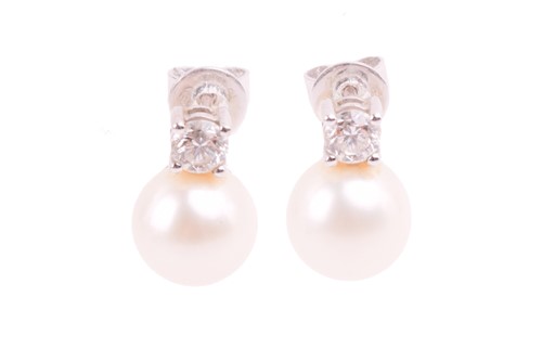 Lot 142 - A pair of cultured pearl and diamond earrings...