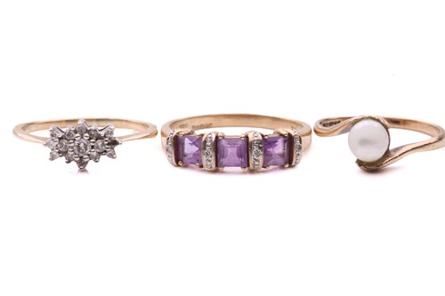 Lot 37 - Three gem-set rings; the diamond cluster ring...