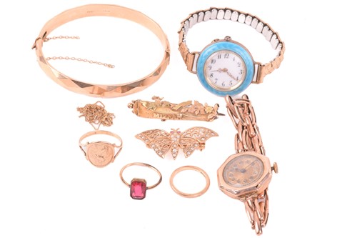 Lot 89 - A collection of two fob watches, three rings,...