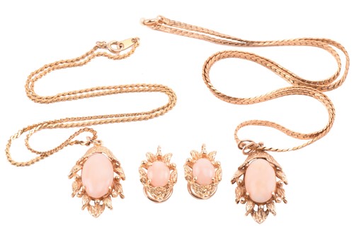 Lot 143 - Two coral-set pendants on chain together with...