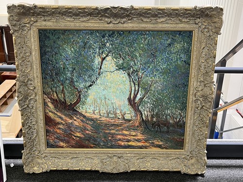 Lot 9 - John Myatt (b.1945), Olive Grove with Donkey,...