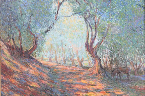 Lot 9 - John Myatt (b.1945), Olive Grove with Donkey,...