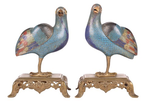 Lot 91 - A pair of Chinese cloisonne enamel figural...