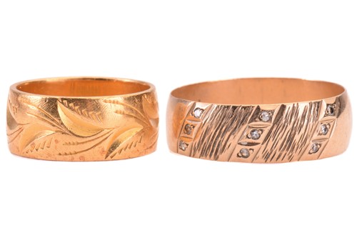 Lot 26 - Two wide wedding rings in yellow gold; the...