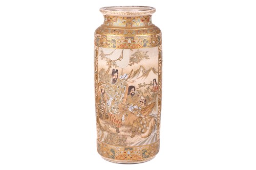 Lot 89 - A large Japanese Satsuma pottery cylindrical...