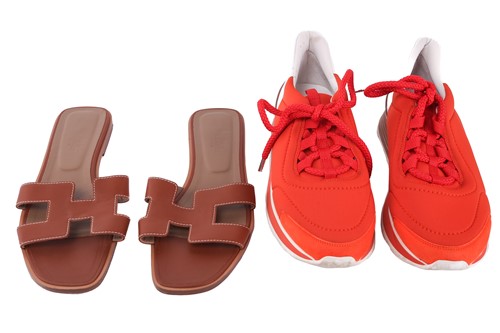 Lot 368 - Hermès - a pair of tri-coloured Miles sneakers...