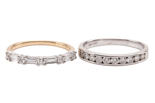 Lot 72 - Two diamond half eternity rings; the first set...