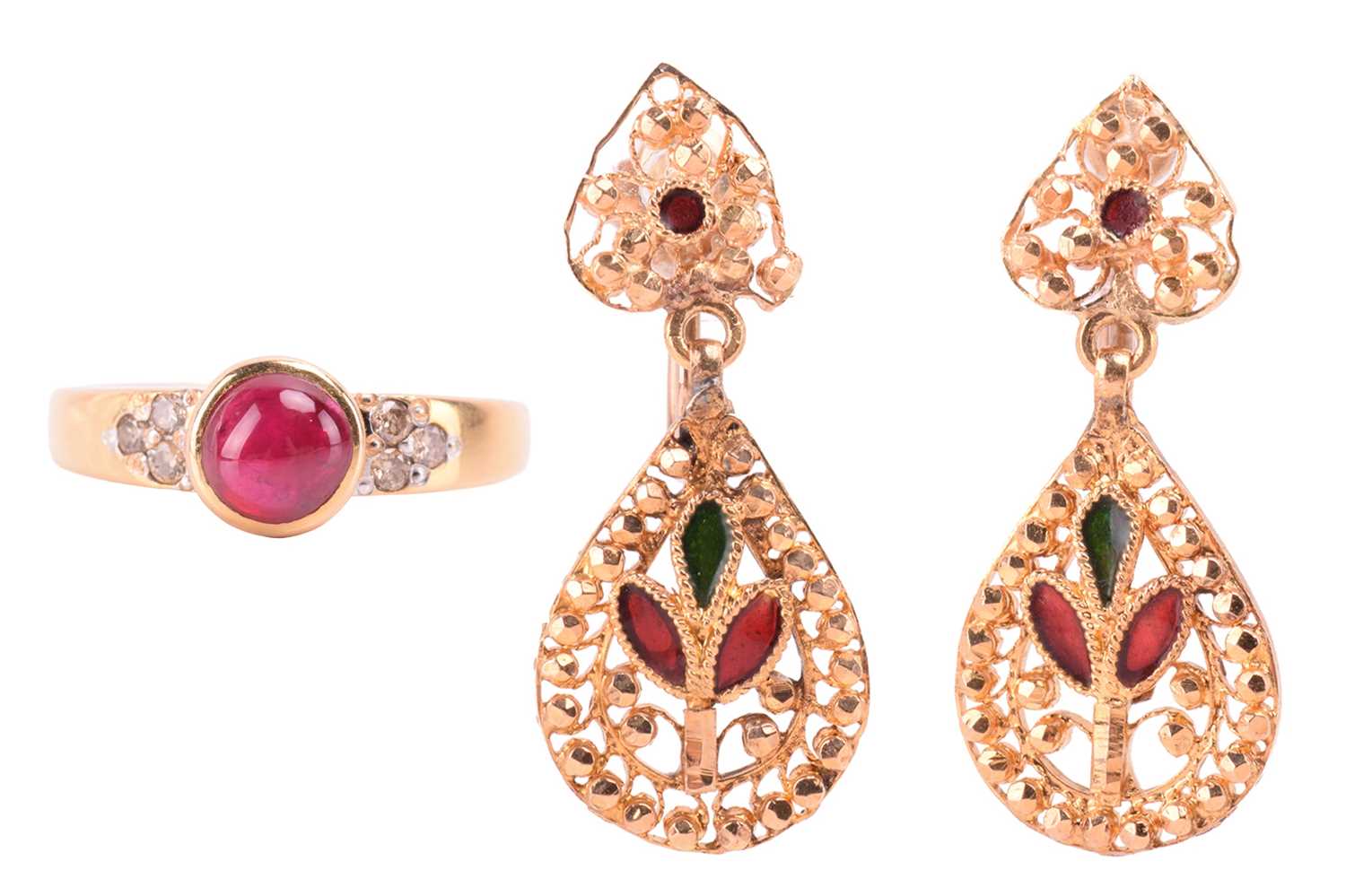 Lot 36 - A ruby dress ring and a pair of enamel pendant...