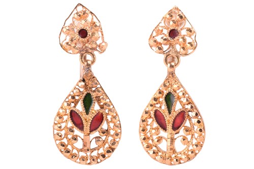 Lot 36 - A ruby dress ring and a pair of enamel pendant...