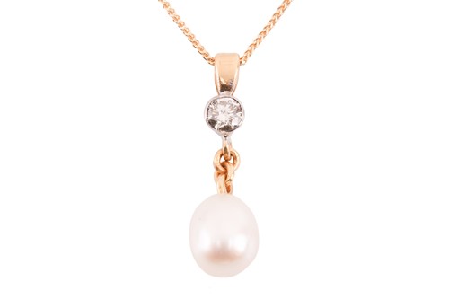 Lot 106 - A cultured pearl and diamond pendant on chain,...