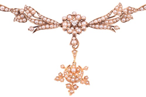 Lot 1 - A late Victorian seed pearl necklace of floral...